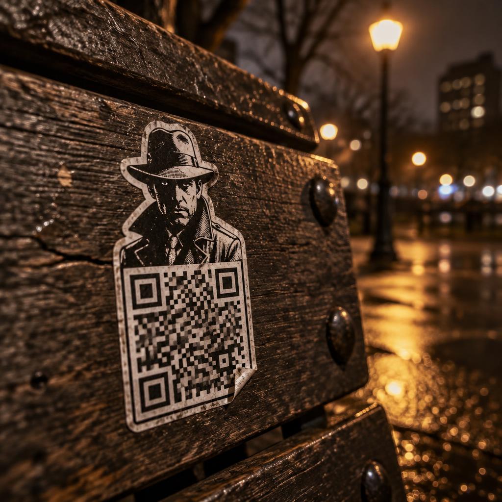 A die-cut character sticker popping up over a QR code, stuck on a rain-wet park bench at night