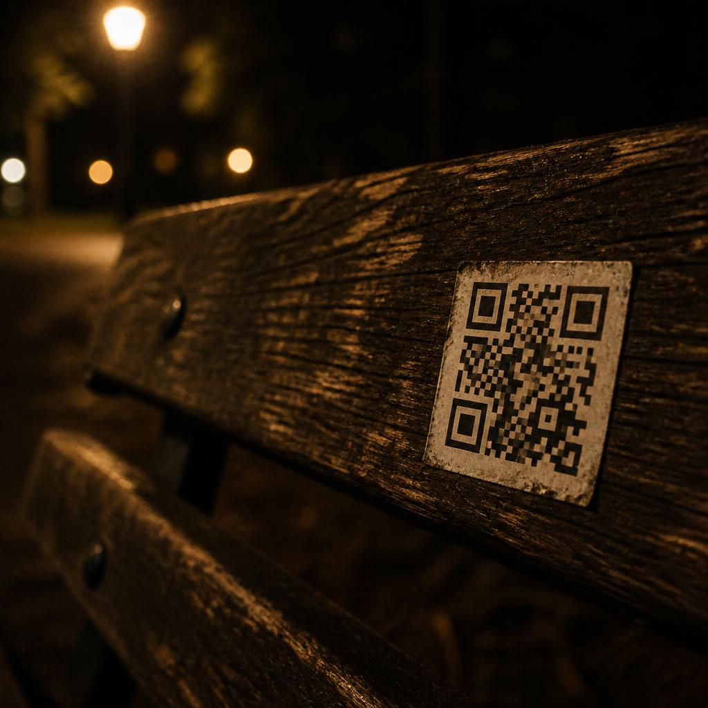 A hand-printed QR code sticker on a weathered park bench at night