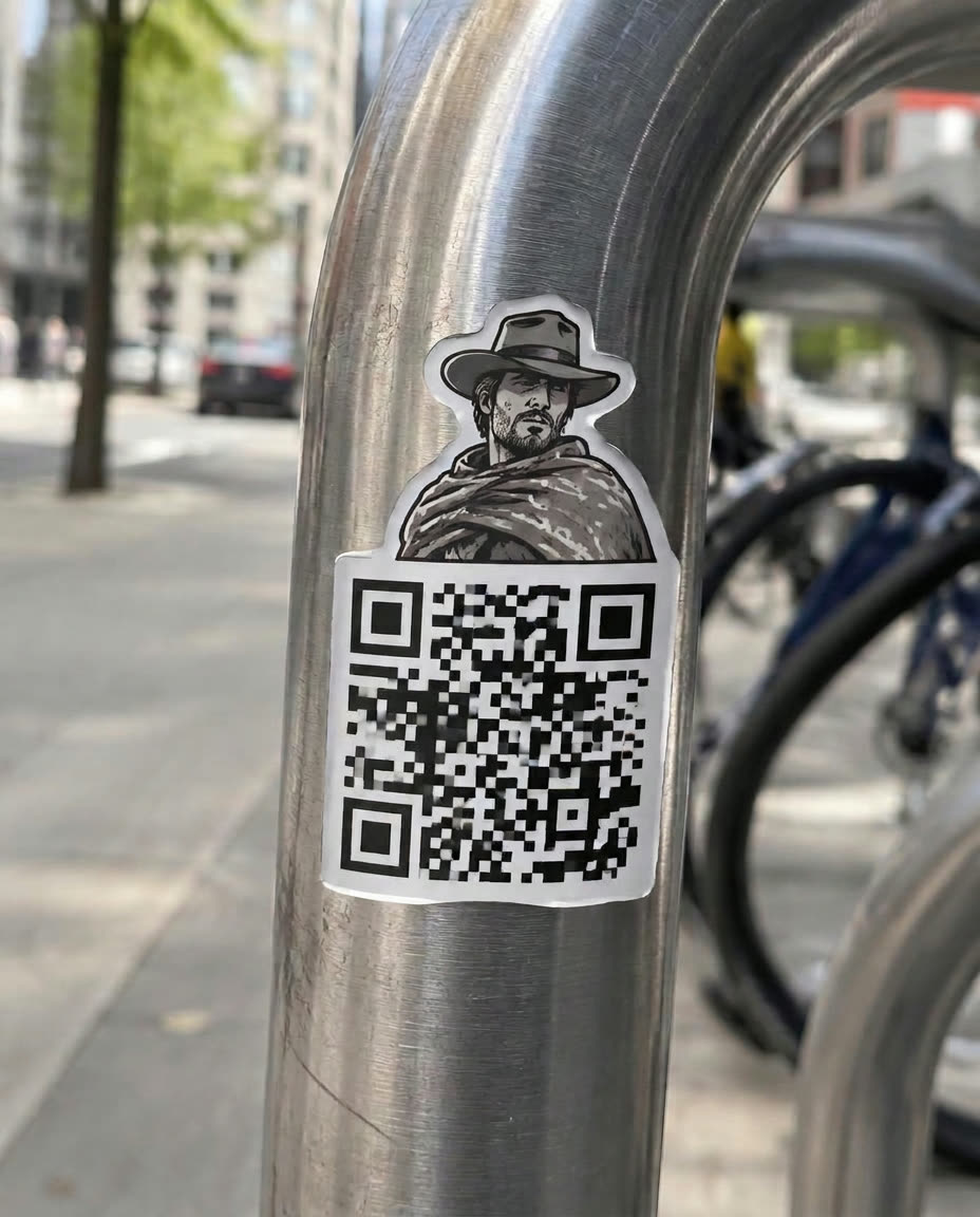 Black and white pop-up QR sticker of a western gunslinger on a colored photo of a steel bike rack